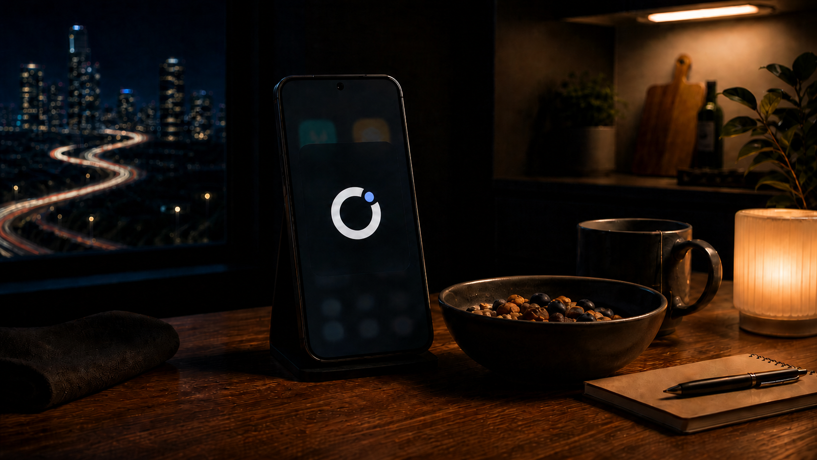 A visual sequence from selected delivery-app open to pause screen and calmer next action.