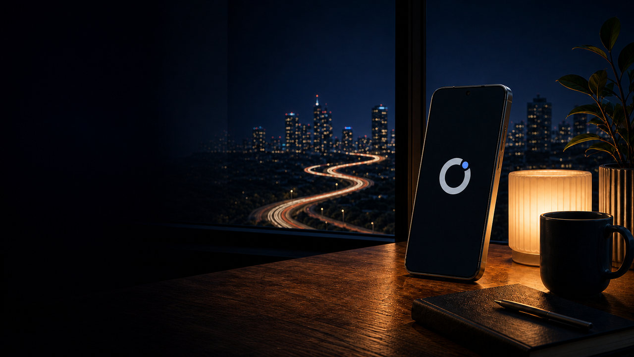 A calm nighttime phone scene showing a quiet off-ramp before opening a delivery app.